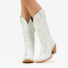 Tuhoomall Western Cowboy Knee High Boots with Floral Embroidery - Comfortable Chunky Heel for Casual, Work, Travel and Party Wear