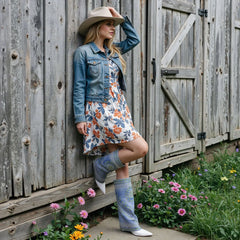 Tuhoomall Western Style Knee-High Boots with Shimmering Rhinestone Floral Print for Party and Performance, Comfort Wedge Heel, Easy On Slip-On Design Tuhoomall