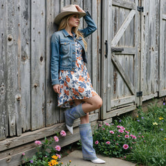 Tuhoomall Western Style Knee-High Boots with Shimmering Rhinestone Floral Print for Party and Performance, Comfort Wedge Heel, Easy On Slip-On Design