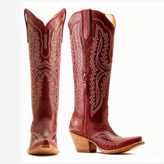 Tuhoomall Western Over-the-Knee Boots for Women, Floral Embroidered Chunky Heel, Comfortable Slip-On, Stylish for Travel and Outdoor Fashion