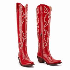 Tuhoomall Western Knee-High Boots with Elegant Embroidery, Stylish Mid Heel for Casual and Office Wear, Durable Faux Suede Leather, All-Season Fashion