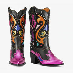 Tuhoomall Western Cowboy Ankle Boots for Women, Stylish Short Booties with Rhinestones for Parties and Runway Performances