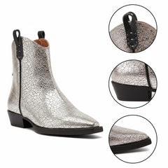 Tuhoomall Metallic Silver Chunky Heel Ankle Boots - Stylish Snip Toe Design, Effortless Slip-On, Perfect for Casual and Office Wear