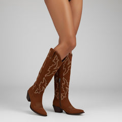 Tuhoomall Western Knee-High Boots with Elegant Embroidery, Stylish Mid Heel for Casual and Office Wear, Durable Faux Suede Leather, All-Season Fashion