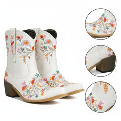 Tuhoomall Stylish Western Ankle Boots with Floral Embroidery, Rubber Sole, Chunky 5cm Heel for Classic and Casual Looks
