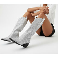 Tuhoomall Western Block Heel Ankle Boots with Glitter Detail, 2.50 in Heel Height, Stylish for Parties and Performances, Faux Leather Lining