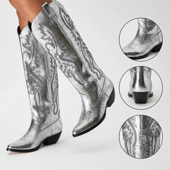 Tuhoomall Western Mid Calf Boots for Women, Embroidered Pointed Toe, Chunky Heel, Slip-On Design for Casual Style