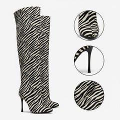 Tuhoomall Over-The-Knee High Heels Boots for Party, Runway Performance, Vegan-Friendly with Striped and Zebra Patterns Tuhoomall