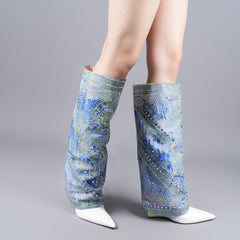 Tuhoomall Western Style Knee-High Boots with Shimmering Rhinestone Floral Print for Party and Performance, Comfort Wedge Heel, Easy On Slip-On Design