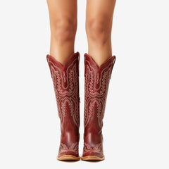 Tuhoomall Western Over-the-Knee Boots for Women, Floral Embroidered Chunky Heel, Comfortable Slip-On, Stylish for Travel and Outdoor Fashion