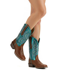 Tuhoomall Stylish Embroidered Mid-Calf Boots for Women, Low Thick Heel, Square Toe, Perfect for Parties and Casual Outings