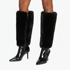 Tuhoomall Knee-High Faux Fur Booties with Zip Closure for Fashion Parties and Performances, Pointed Toe High Heels
