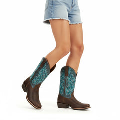 Tuhoomall Western Floral Embroidered Mid-Heel Cowboy Boots for Women, Stylish Casual Footwear for All Seasons
