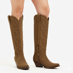 Tuhoomall Western Cowboy Knee High Boots for Women, Floral Embroidery, Comfortable Chunky Heel, Perfect for Travel and Outdoor Fashion