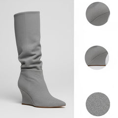 Tuhoomall Knee High Comfortable Wedge Booties With Pointed Toe For Parties, Performances, Fashion Events, Featuring Ruffled Design And Rubber Sole Tuhoomall