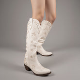 Tuhoomall Western Style Embroidered Mid Calf Boots with Chunky Heel and Star Pattern for Casual Spring Autumn Winter Wear