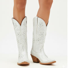 Tuhoomall Western Cowboy Knee High Boots with Floral Embroidery - Comfortable Chunky Heel for Casual, Work, Travel and Party Wear