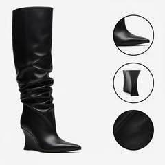 Tuhoomall Knee High Comfortable Wedge Booties With Pointed Toe For Parties, Performances, Fashion Events, Featuring Ruffled Design And Rubber Sole