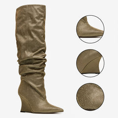 Tuhoomall Knee High Comfortable Wedge Booties With Pointed Toe For Parties, Performances, Fashion Events, Featuring Ruffled Design And Rubber Sole