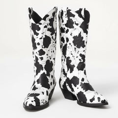 Tuhoomall Cow Pattern Western Boots for Women, Round Toe, Chunky 1.57in Heel, Casual Slip-On Mid-Calf Design, Stylish All-Season Footwear