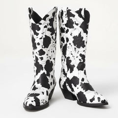 Tuhoomall Cow Pattern Western Boots for Women, Round Toe, Chunky 1.57in Heel, Casual Slip-On Mid-Calf Design, Stylish All-Season Footwear Tuhoomall