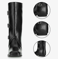 Tuhoomall Foldable Mid-Calf Chunky Heel, Stylish Adjustable Metallic Buckle, Perfect For Casual And Formal Occasions Tuhoomall