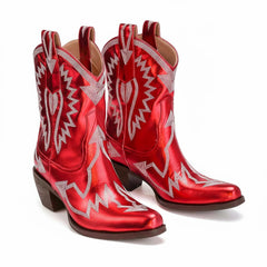 Tuhoomall Metallic Western Ankle Boots for Women - Stylish Slip-On Design with Embroidered Floral Pattern, Casual All-Season Footwear