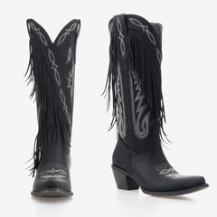 Tuhoomall Western Mid Calf Boots for Women, Embroidered Fringe Vegan Leather, 1.75" Heel, Stylish Retro Design for Casual Wear