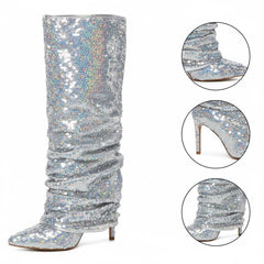 Tuhoomall Slouch Pointed-Toe Mid Calf Boots with Stiletto Heels for Fashion Performances - Sequin Finish, Slip-On Design, 4.33 in Heel Height