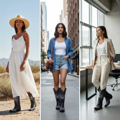 Tuhoomall Western Mid-Calf Boots for Women, Rubber Sole, 1.75 in Chunky Heel, Easy Slip-On, Stylish Embroidered Star Design for Casual and Travel