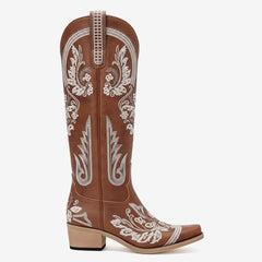 Tuhoomall Knee-High Embroidered Boots for Women with Rhinestones - Stylish Slip-On Design, Low Chunky Heel for Parties and Events Tuhoomall