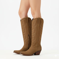 Tuhoomall Western Cowboy Knee High Boots for Women, Floral Embroidery, Comfortable Chunky Heel, Perfect for Travel and Outdoor Fashion