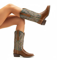 Tuhoomall Stylish Embroidered Mid-Calf Boots for Women, Low Thick Heel, Square Toe, Perfect for Parties and Casual Outings