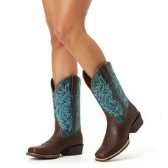 Tuhoomall Western Floral Embroidered Mid-Heel Cowboy Boots for Women, Stylish Casual Footwear for All Seasons