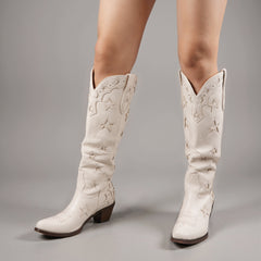 Tuhoomall Western Style Embroidered Mid Calf Boots with Chunky Heel and Star Pattern for Casual Spring Autumn Winter Wear