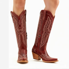 Tuhoomall Western Over-the-Knee Boots for Women, Floral Embroidered Chunky Heel, Comfortable Slip-On, Stylish for Travel and Outdoor Fashion