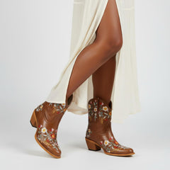 Tuhoomall Stylish Western Ankle Boots with Floral Embroidery, Rubber Sole, Chunky 5cm Heel for Classic and Casual Looks