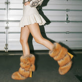 Tuhoomall Western Style Rhinestone Mid-Calf Party Boots, Slip-On Faux Fur Wedge with Animal Print, All-Season Fashion for Performances