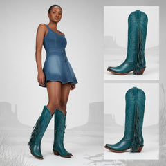 Tuhoomall Fringe Western Knee High Boots for Women, Soft Vegan Suede, Embroidered Design, Perfect for Vintage, Casual, and Party Wear