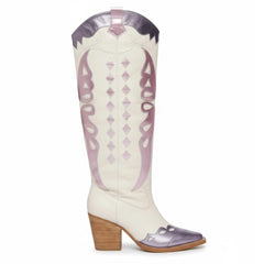 Tuhoomall Western Cowgirl Mid Calf Boots with Snip-Toe and Chunky Heel for Fashion Parties and Performances, Animal Pattern, Metallic Bright Surface