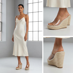 Tuhoomall Wedge Sandals For Women, Summer 10cm Heel, Slip-On Design, Fashionable Solid Color, Ethnic Style