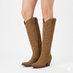 Tuhoomall Western Cowboy Knee High Boots for Women, Floral Embroidery, Comfortable Chunky Heel, Perfect for Travel and Outdoor Fashion