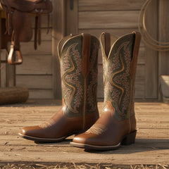 Tuhoomall Stylish Embroidered Mid-Calf Boots for Women, Low Thick Heel, Square Toe, Perfect for Parties and Casual Outings