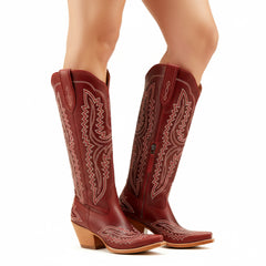 Tuhoomall Western Over-the-Knee Boots for Women, Floral Embroidered Chunky Heel, Comfortable Slip-On, Stylish for Travel and Outdoor Fashion