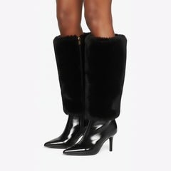 Tuhoomall Knee-High Faux Fur Booties with Zip Closure for Fashion Parties and Performances, Pointed Toe High Heels