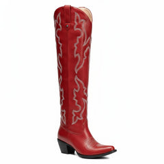 Tuhoomall Western Knee-High Boots with Elegant Embroidery, Stylish Mid Heel for Casual and Office Wear, Durable Faux Suede Leather, All-Season Fashion