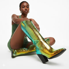 Tuhoomall Western Knee-High Boots for Women, Slip-On High Heels 3.74in, Metallic Finish, Fashion-Forward Design, Perfect for Performances and Street Style