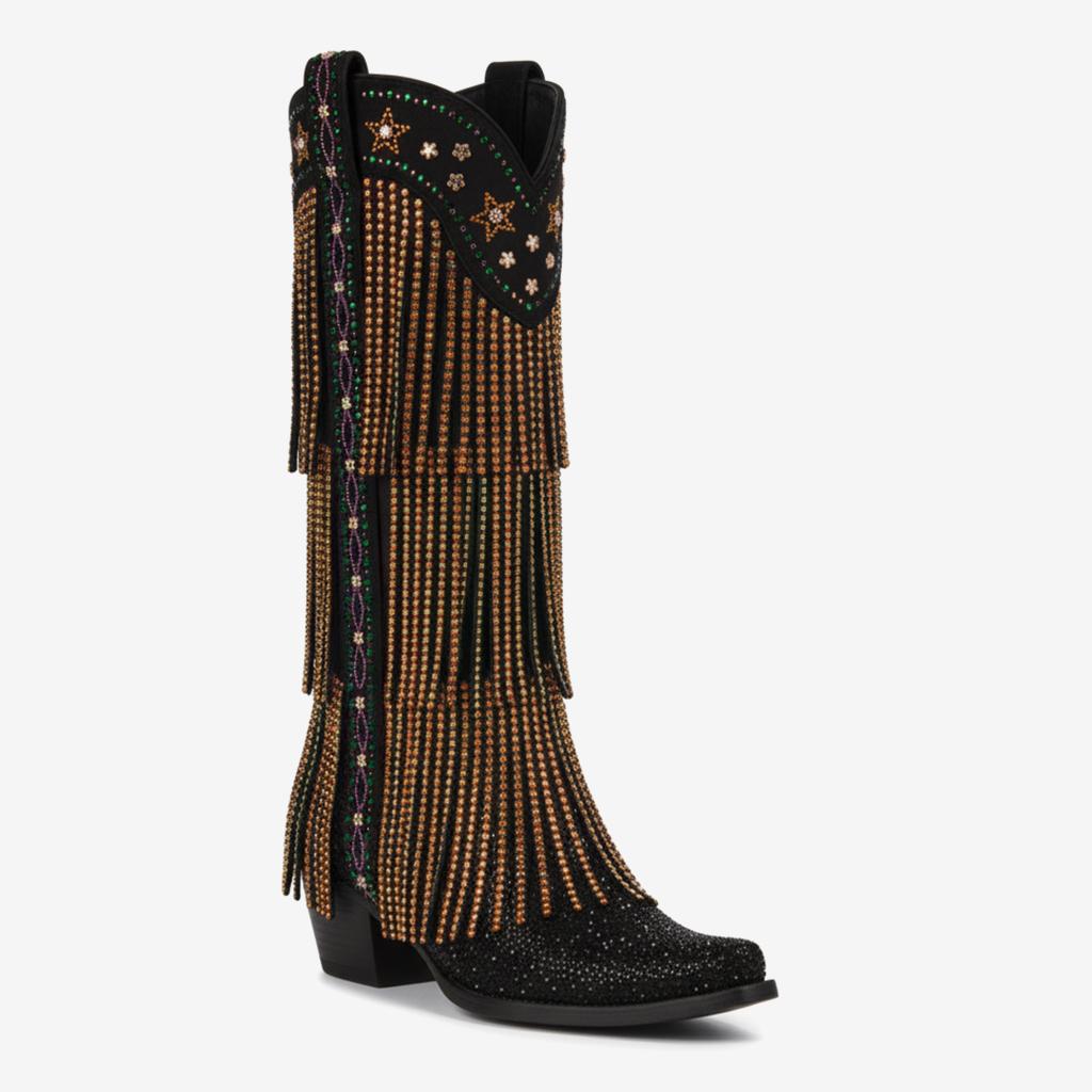 Tuhoomall Knee-High Fringe Boots with Rhinestones, Chunky Heel, Slip-On Design for Fashionable Occasions and Parties Tuhoomall