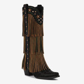 Tuhoomall Knee-High Fringe Boots with Rhinestones, Chunky Heel, Slip-On Design for Fashionable Occasions and Parties Tuhoomall