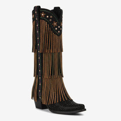 Tuhoomall Knee-High Fringe Boots with Rhinestones, Chunky Heel, Slip-On Design for Fashionable Occasions and Parties